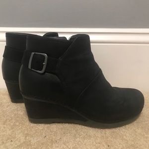 Dansko Black Suede Ankle Wedge Booties